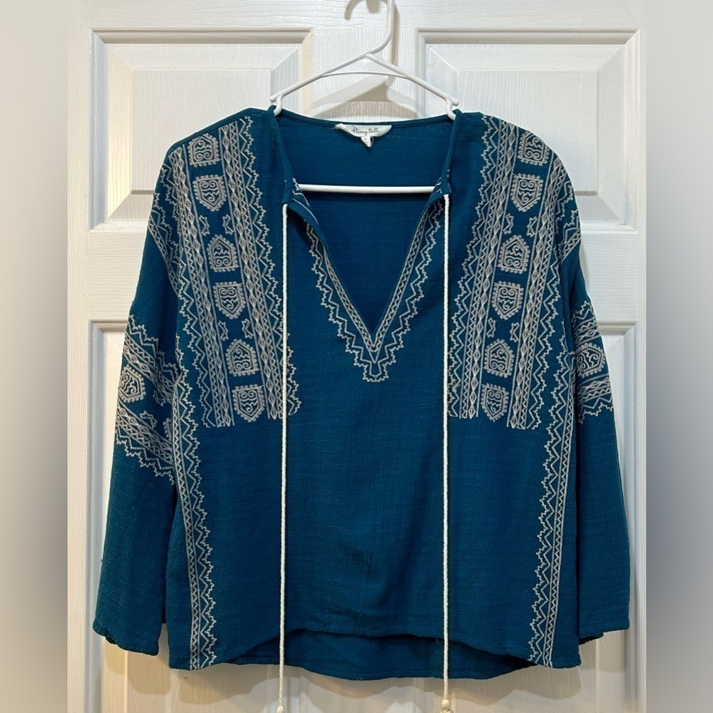 Women's Heavily Embroidered Popover Tulip Sleeve Boho Tassel V-Neck Blouse Sz S